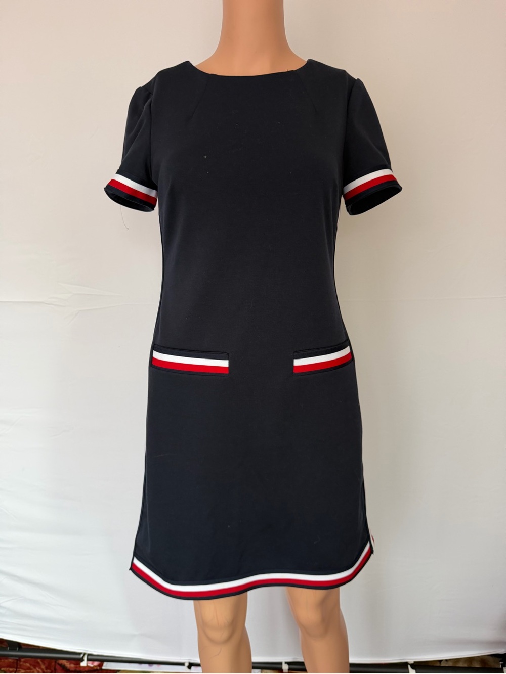 Tommy Hilfiger Black Shift Dress with Red-White-Black Stripe Trim